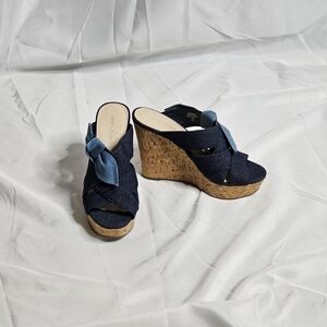 Marc Fisher Women's Hobby Sandal Size 8.5 Cork Wedge Platform Denim Slide Knot